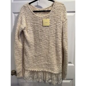A Reve Cream Textured Lace Trim Open Back Sweater M L